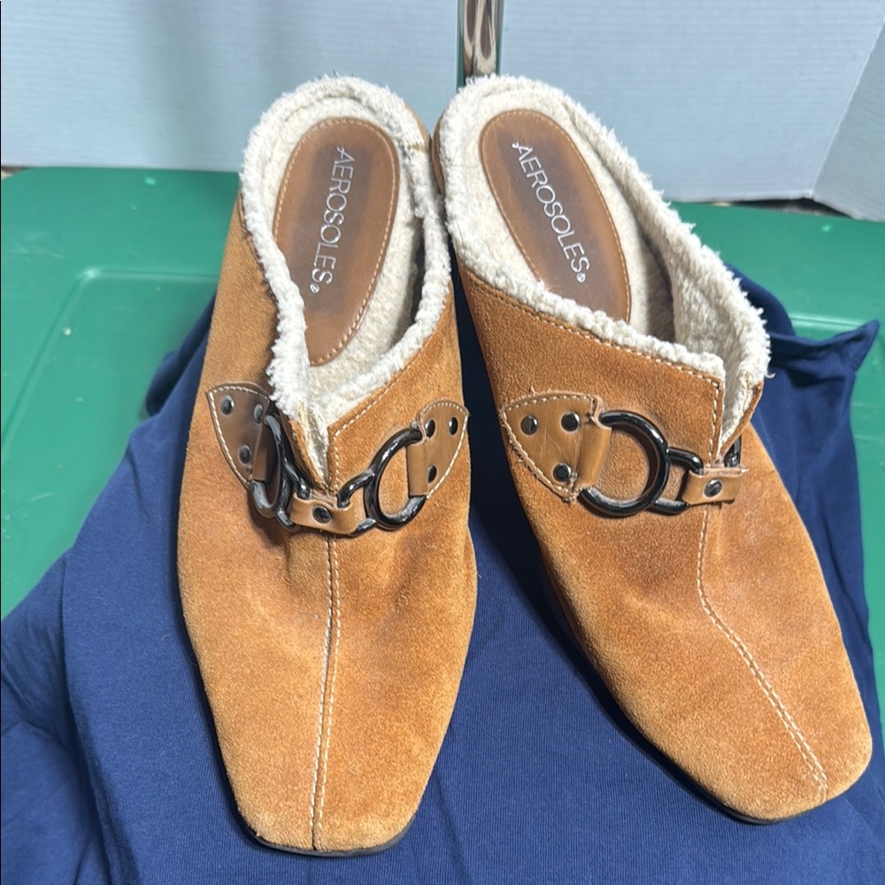 AEROSOLES Tan Suede Mules with Buckle Detail